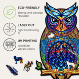 Charming Owl wooden jigsaw puzzle with hidden animal-shaped deer, fox and hedgehog pieces — hand holding wooden puzzle piece showing detail