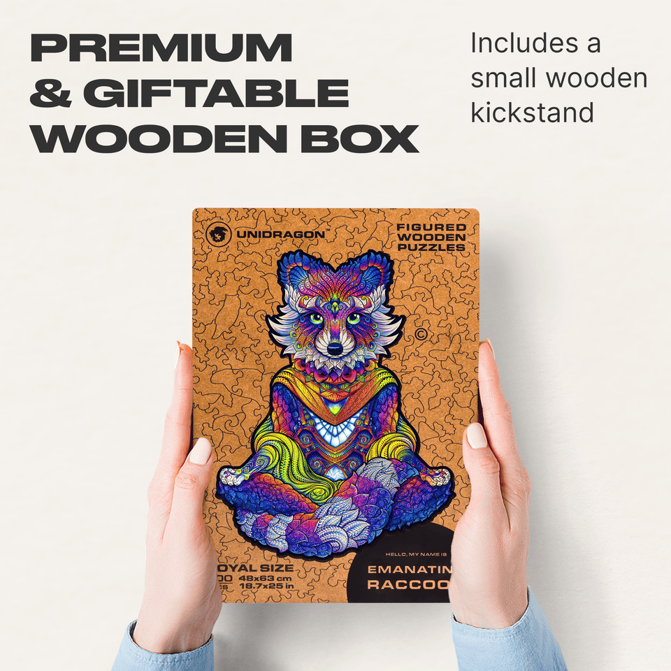 Emanating Raccoon wooden animal puzzle — puzzle pieces showing unique laser-cut shapes