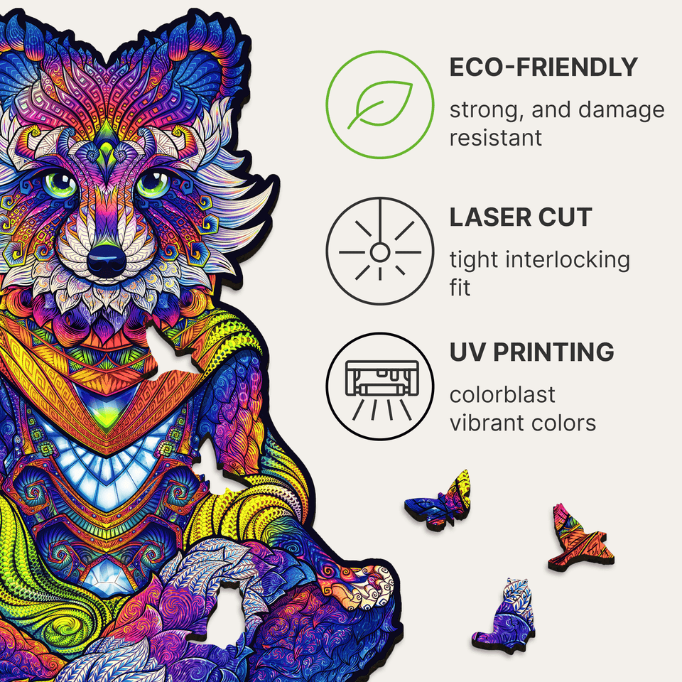 Emanating Raccoon wooden animal puzzle — hand holding wooden puzzle piece detail