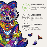 Emanating Raccoon wooden animal puzzle — hand holding wooden puzzle piece detail