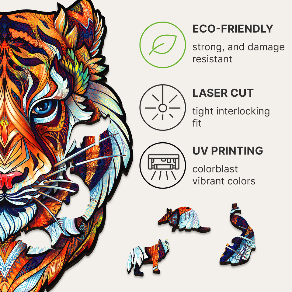 Lovely Tiger wooden puzzle — hand holding wooden puzzle piece detail