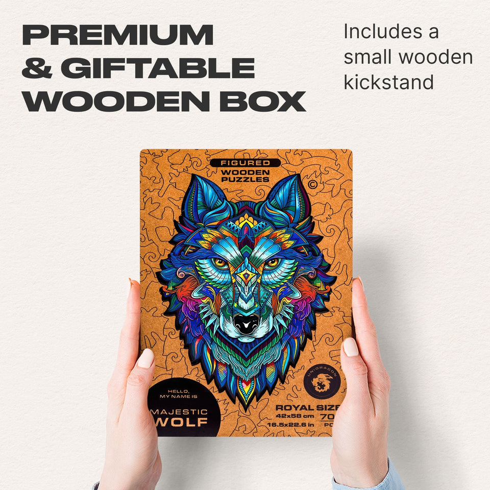 Majestic Wolf wooden puzzle — puzzle pieces showing laser-cut shapes