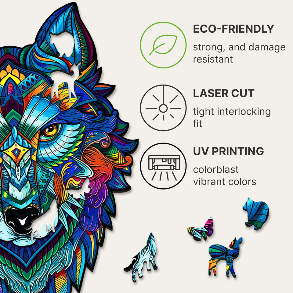 Majestic Wolf wooden puzzle — hand holding wooden puzzle piece detail