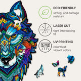 Majestic Wolf wooden puzzle — hand holding wooden puzzle piece detail