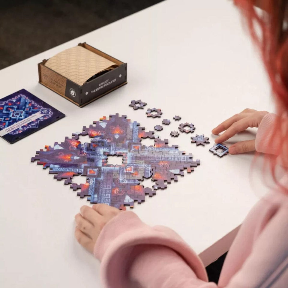 Neon Geometry wooden brain teaser puzzle — size dimensions and comparison