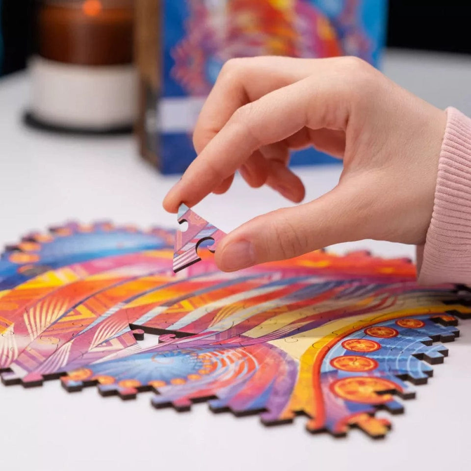 Concurrent Abstraction wooden brain teaser puzzle — in use with hands assembling