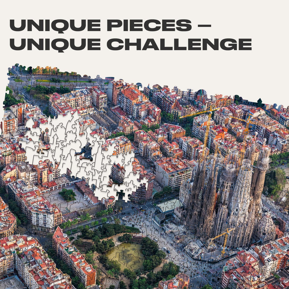 Sagrada Familia wooden art puzzle — close-up of HDF wooden puzzle pieces