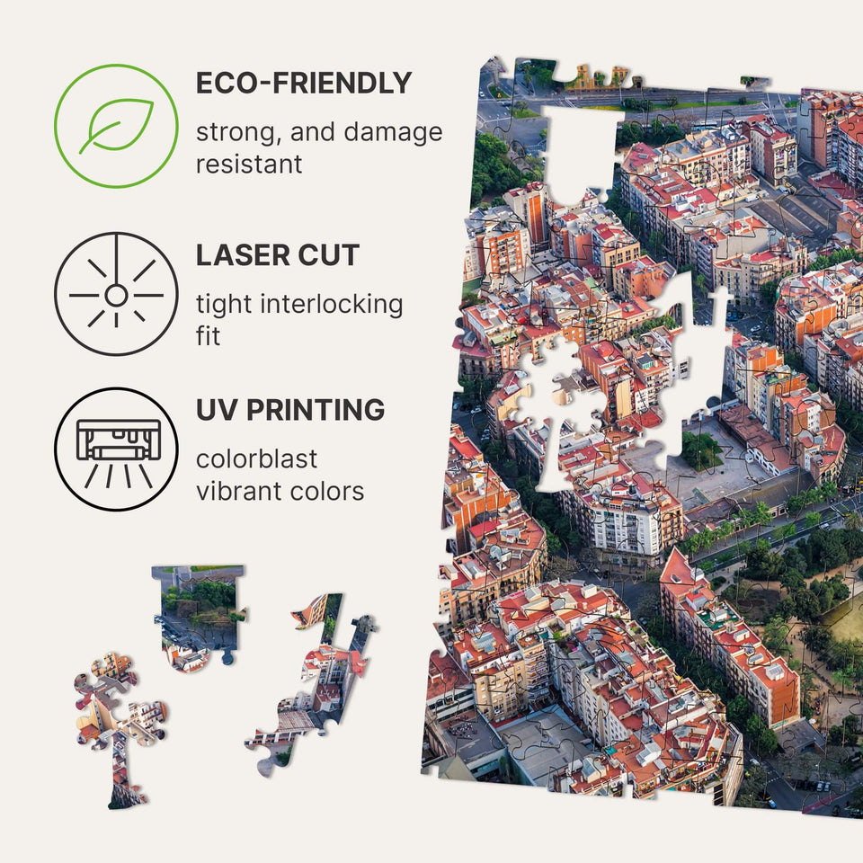 Sagrada Familia wooden art puzzle — hand holding wooden puzzle piece detail