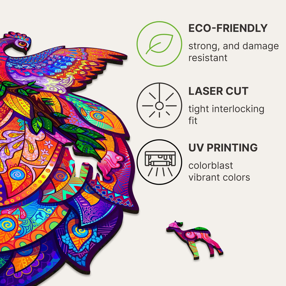 Fairy Bird wooden animal puzzle — hand holding wooden puzzle piece detail