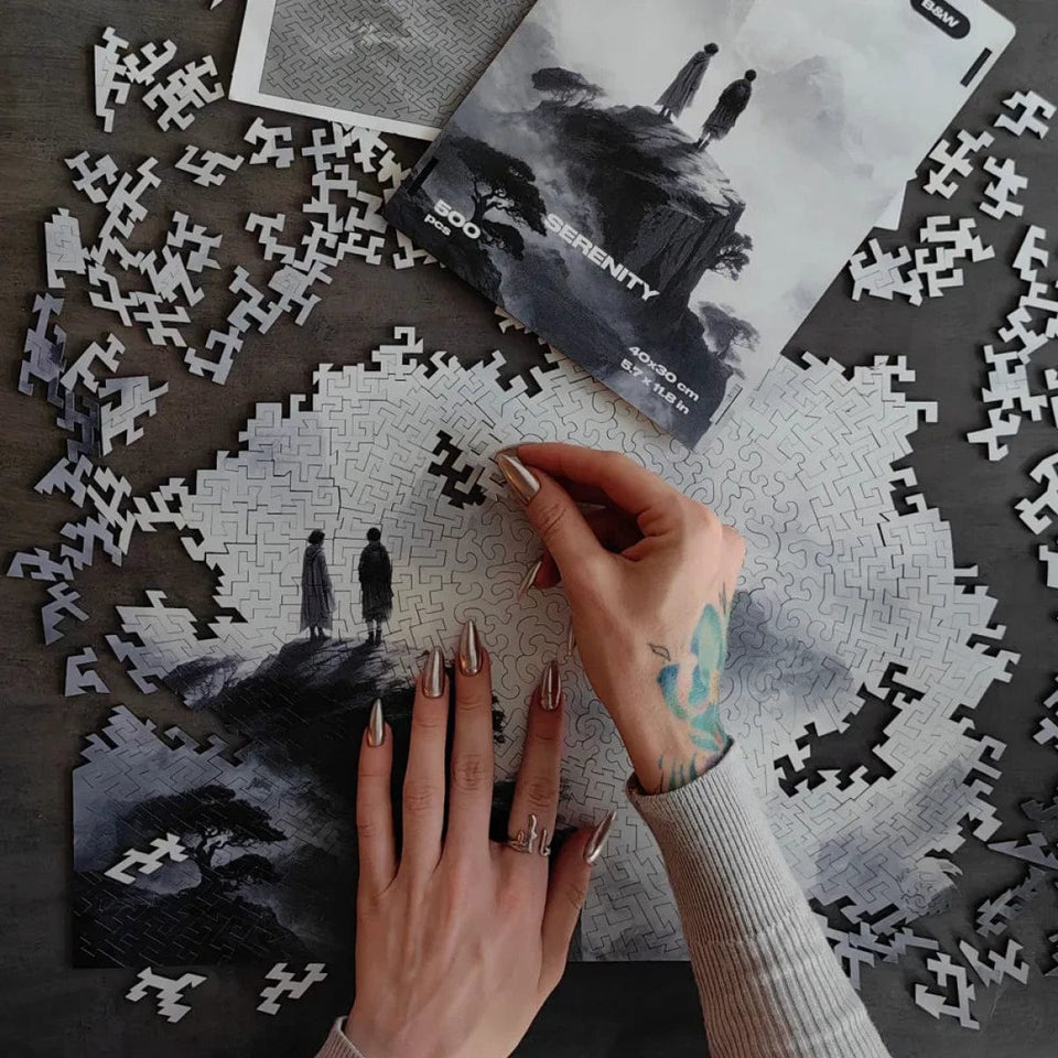 Black and White Serenity wooden puzzle — premium HDF birch alternative laser-cut