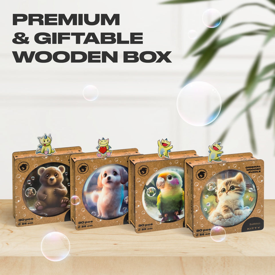 Kitty Bubblezz Bubblezz wooden puzzle — hand holding wooden puzzle piece detail