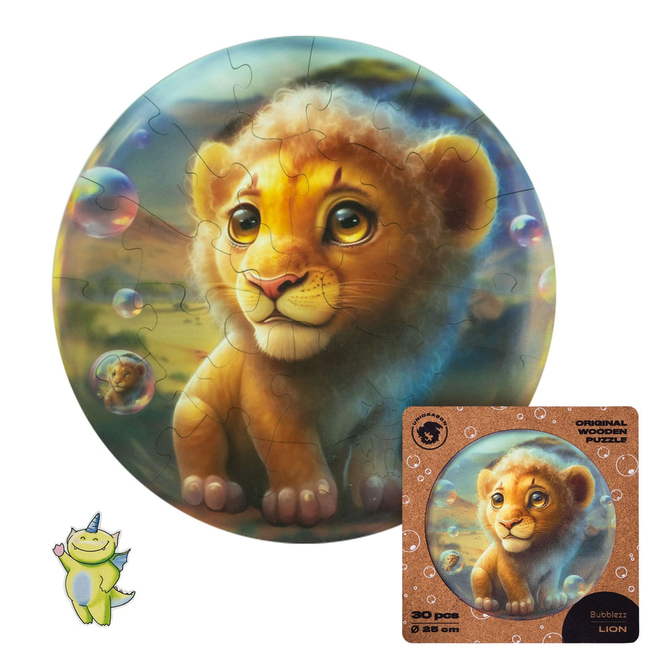 Lion Bubblezz Bubblezz wooden puzzle — front view with vivid artwork