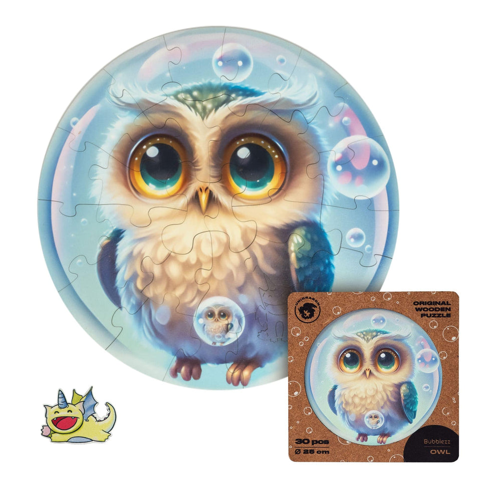 Owl Bubblezz Bubblezz wooden puzzle — front view with vivid artwork