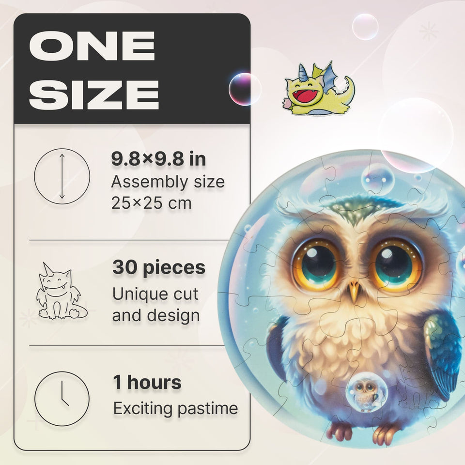 Owl Bubblezz Bubblezz wooden puzzle — close-up of HDF wooden puzzle pieces