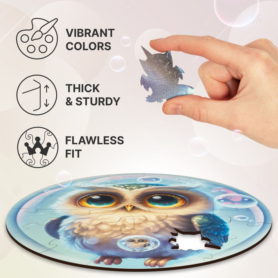 Owl Bubblezz Bubblezz wooden puzzle — designer gift box and packaging