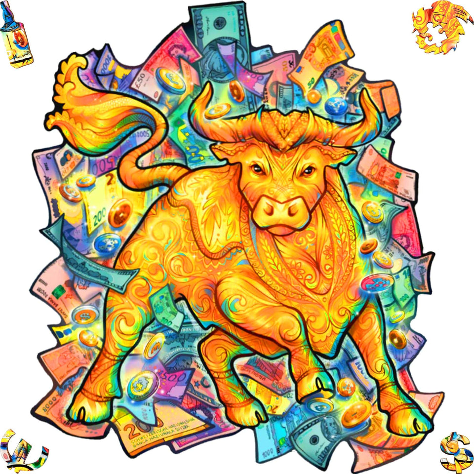 Prosperous Bull wooden jigsaw puzzle with animal-shaped pieces — front view showing vivid artwork