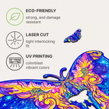 Intergalaxy Butterfly wooden jigsaw puzzle with cosmic artwork and shaped pieces — hand holding wooden puzzle piece showing detail