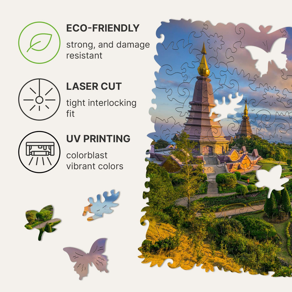 Chiang Mai wooden travel puzzle — hand holding wooden puzzle piece detail