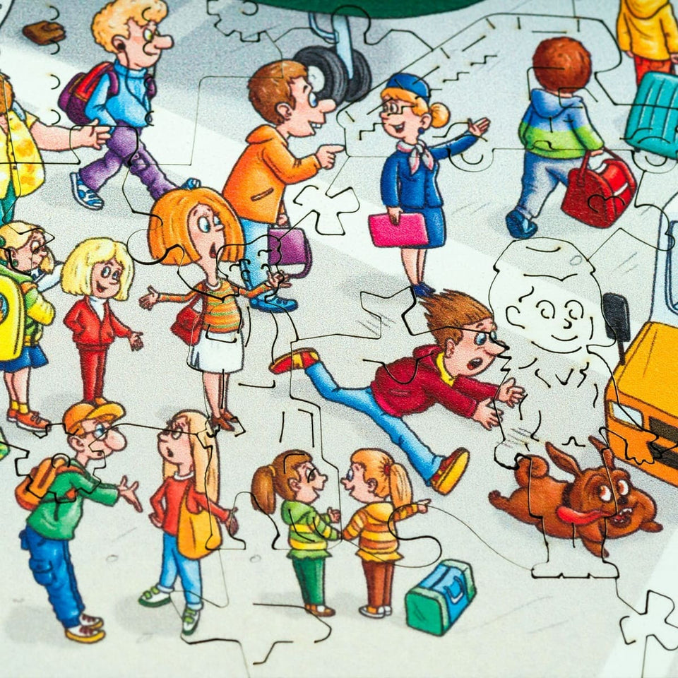 Airoport City wooden art puzzle — in use with hands assembling
