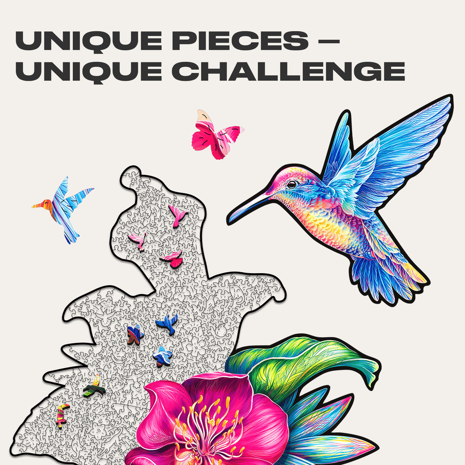 Elusive Colibri wooden animal puzzle — close-up of HDF wooden puzzle pieces