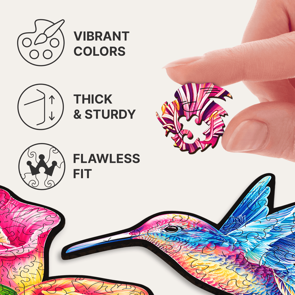 Elusive Colibri wooden animal puzzle — finished puzzle assembled on table