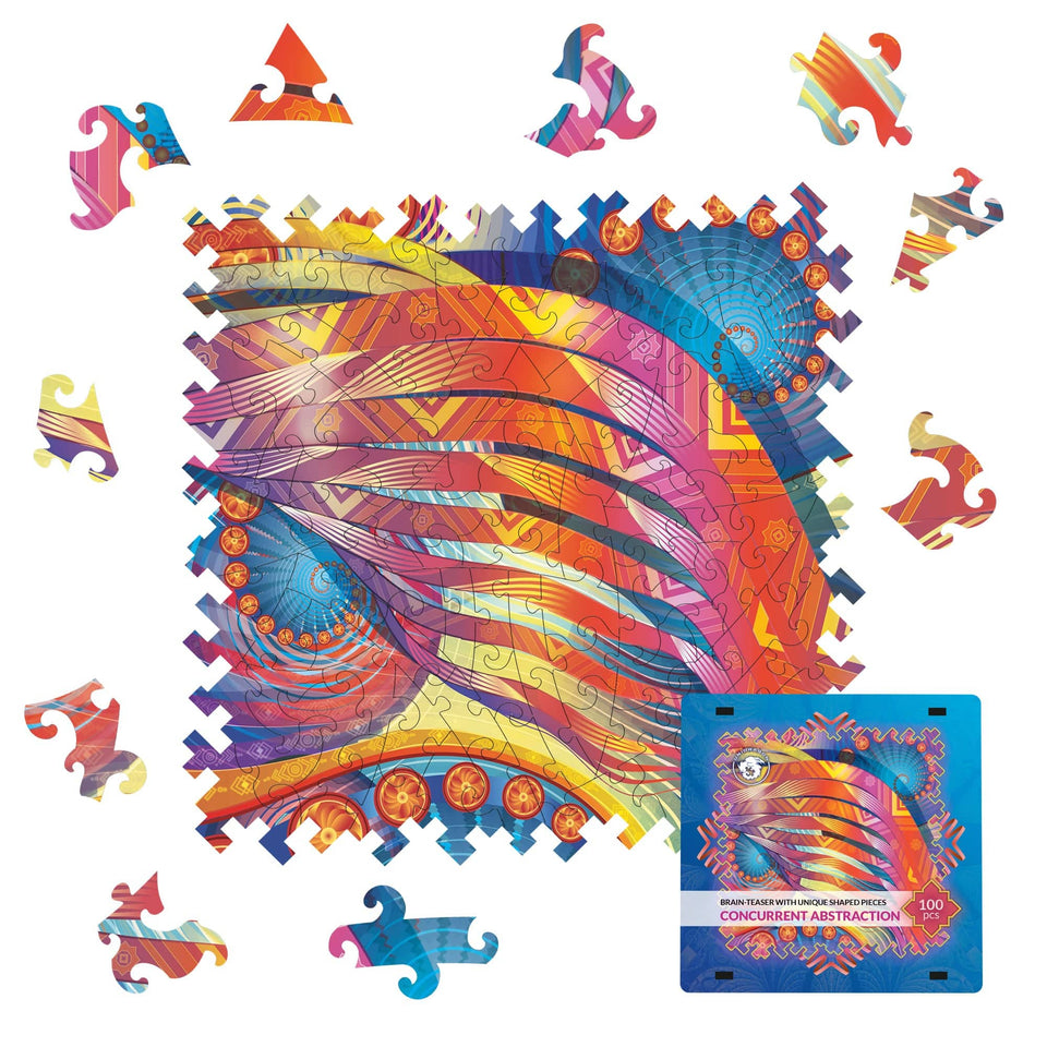 Concurrent Abstraction wooden brain teaser puzzle — front view with vivid artwork