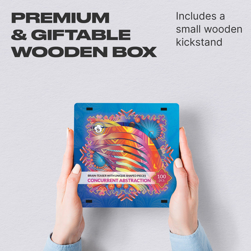 Concurrent Abstraction wooden brain teaser puzzle — hand holding wooden puzzle piece detail