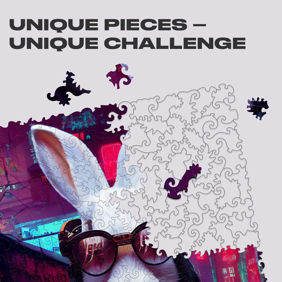 Cyber Rabbit wooden animal puzzle — finished puzzle assembled on table