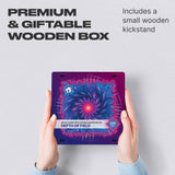 Depth of Field wooden brain teaser puzzle — hand holding wooden puzzle piece detail