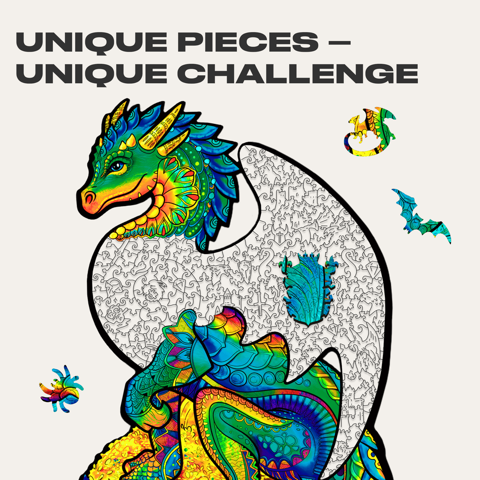 Guarding Dragon wooden animal puzzle — close-up of HDF wooden puzzle pieces