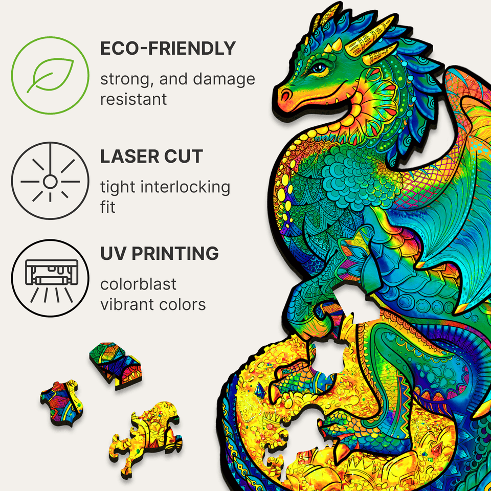 Guarding Dragon wooden animal puzzle — hand holding wooden puzzle piece detail