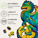 Guarding Dragon wooden animal puzzle — hand holding wooden puzzle piece detail