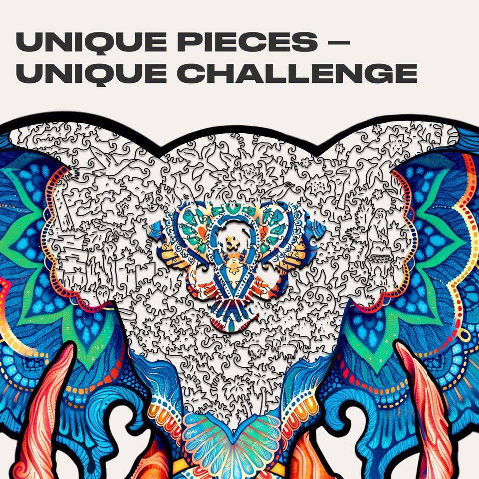 Eternal Elephant wooden jigsaw puzzle with animal-shaped pieces — close-up of wooden animal-shaped puzzle pieces