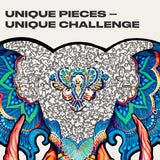 Eternal Elephant wooden jigsaw puzzle with animal-shaped pieces — close-up of wooden animal-shaped puzzle pieces