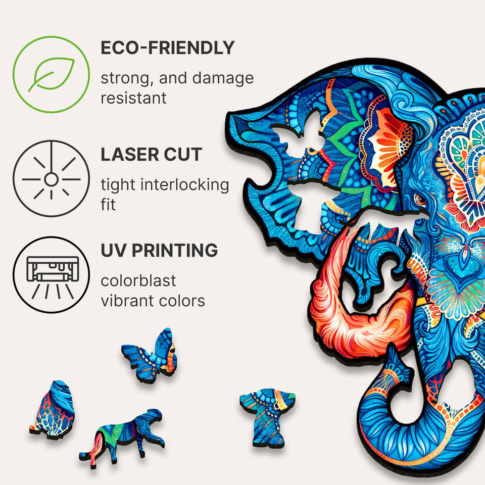 Eternal Elephant wooden jigsaw puzzle with animal-shaped pieces — hand holding wooden puzzle piece showing detail
