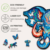 Eternal Elephant wooden jigsaw puzzle with animal-shaped pieces — hand holding wooden puzzle piece showing detail