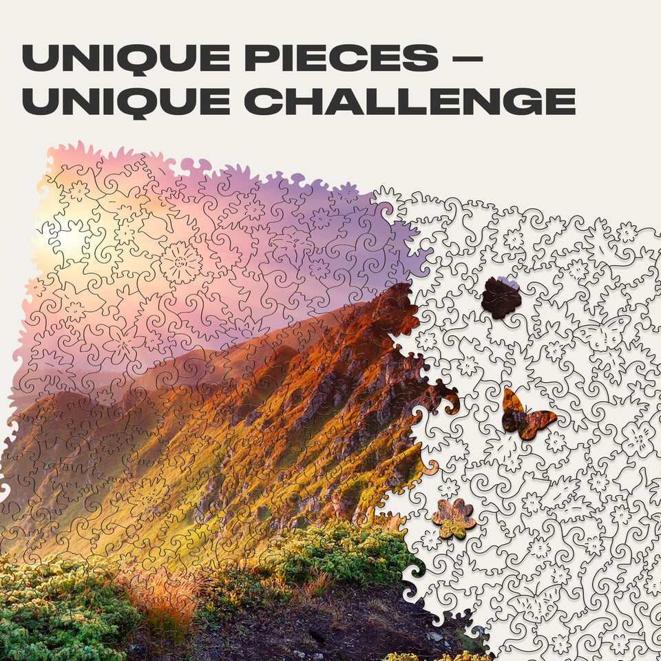Enchanting Sunrise wooden puzzle — close-up of HDF wooden puzzle pieces