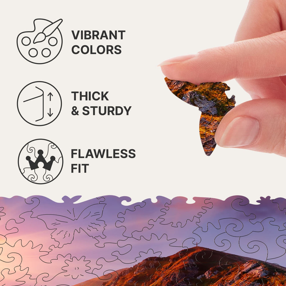 Enchanting Sunrise wooden puzzle — finished puzzle assembled on table