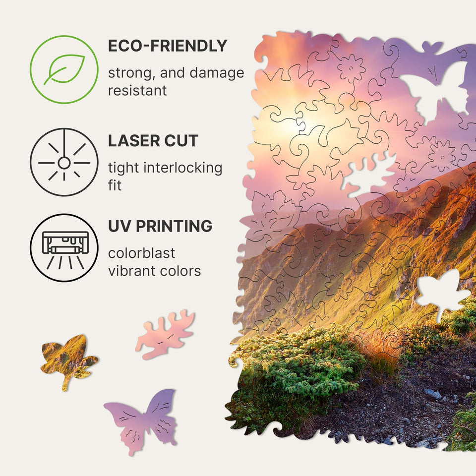 Enchanting Sunrise wooden puzzle — hand holding wooden puzzle piece detail