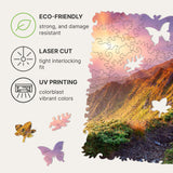 Enchanting Sunrise wooden puzzle — hand holding wooden puzzle piece detail
