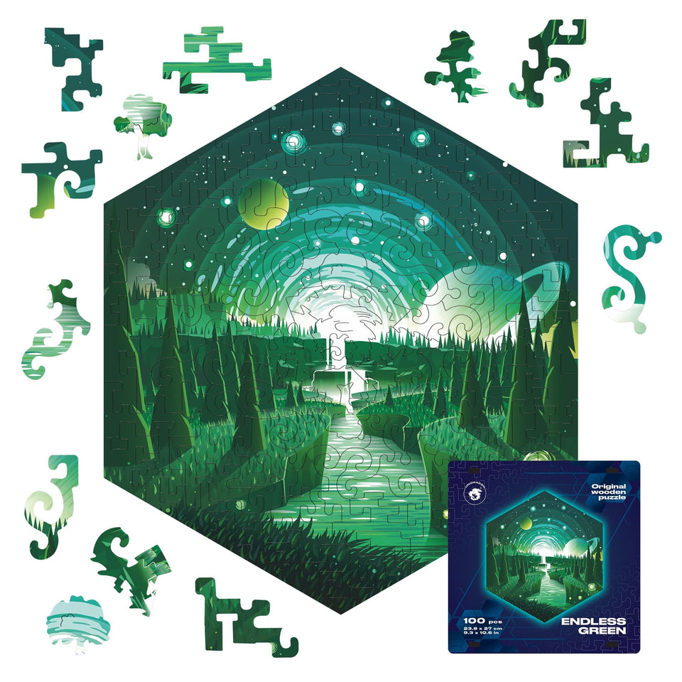 Endless Green wooden brain teaser puzzle — front view with vivid artwork