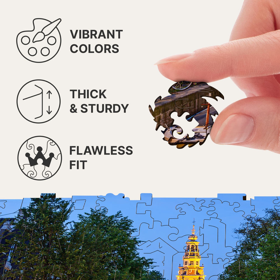 Amsterdam City wooden travel puzzle — finished puzzle assembled on table