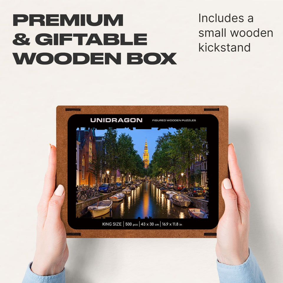 Amsterdam City wooden travel puzzle — puzzle pieces showing unique laser-cut shapes
