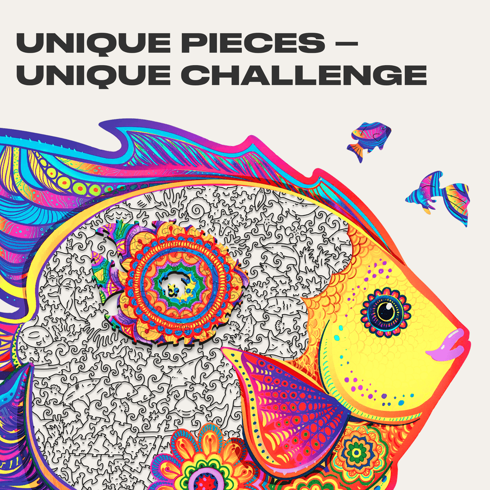 Shining fish wooden puzzle — close-up of HDF wooden puzzle pieces