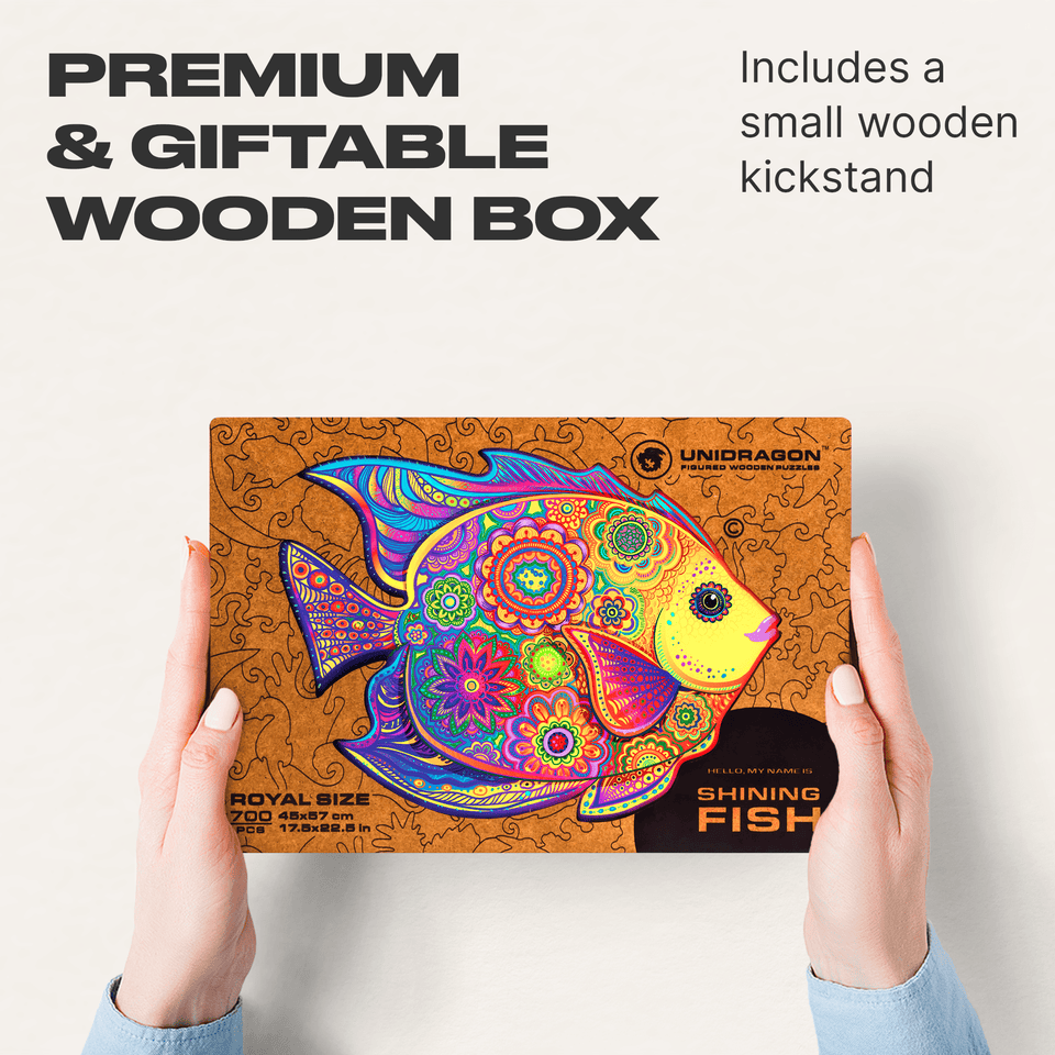 Shining fish wooden puzzle — puzzle pieces showing laser-cut shapes