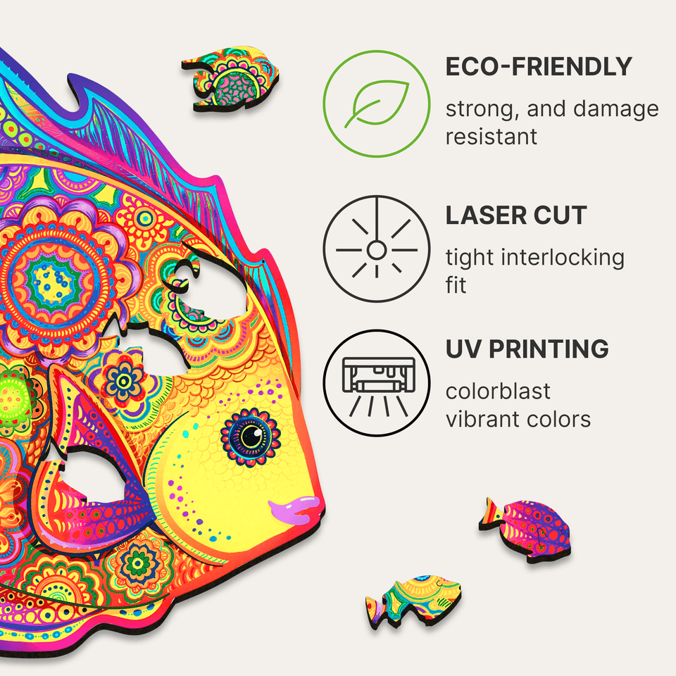 Shining fish wooden puzzle — hand holding wooden puzzle piece detail