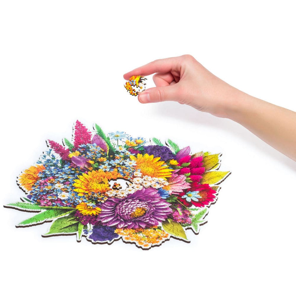 Blooming Bouquet wooden puzzle — puzzle pieces showing unique laser-cut shapes
