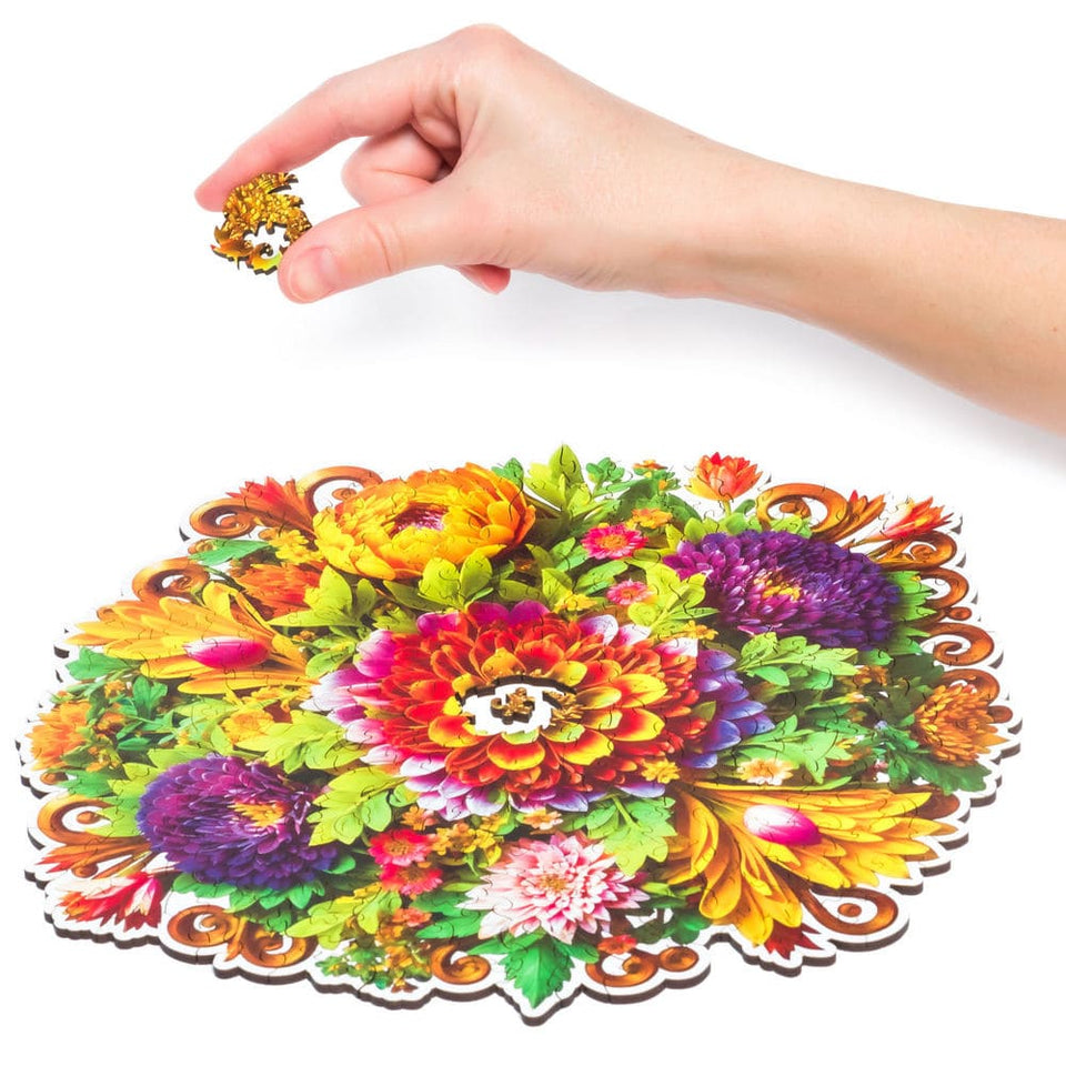 Charming Bouquet wooden puzzle — puzzle pieces showing unique laser-cut shapes