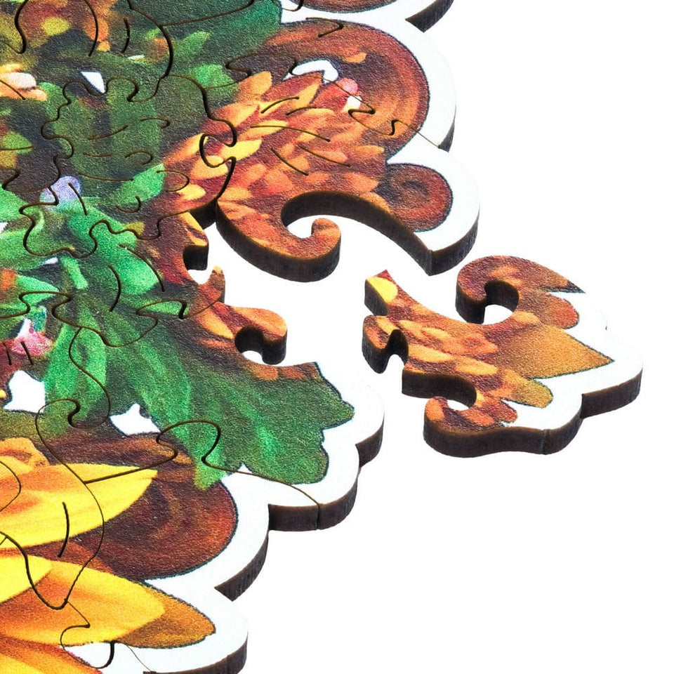 Charming Bouquet wooden puzzle — hand holding wooden puzzle piece detail