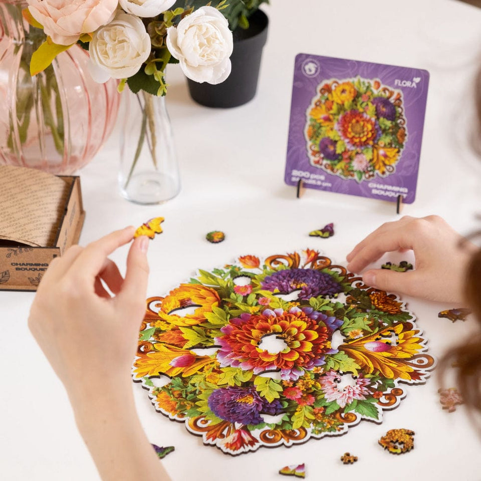 Charming Bouquet wooden puzzle — close-up of HDF wooden puzzle pieces